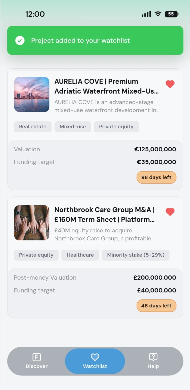 Watchlist & pipeline in the FinBursa Access app